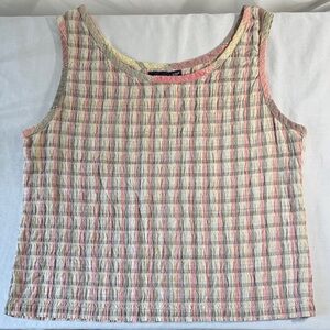 Angelique Seersucker Plaid Cream, Tan, and Pink Tank Top. M.